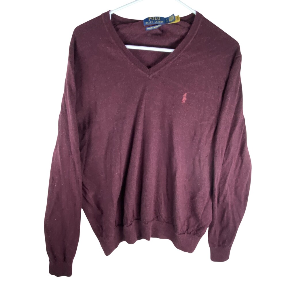 Polo Ralph Lauren Sweater Mens Large Red Merino Wool V Neck Knit Pullover Pony